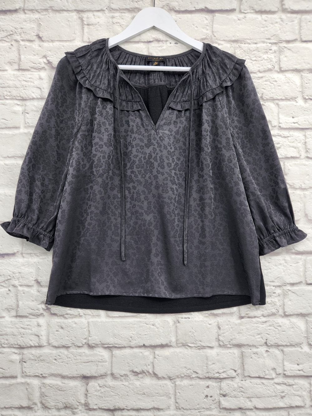 Current Air Anthropologie Blackish/Green Floral Jacquard Ruffle Blouse XS
